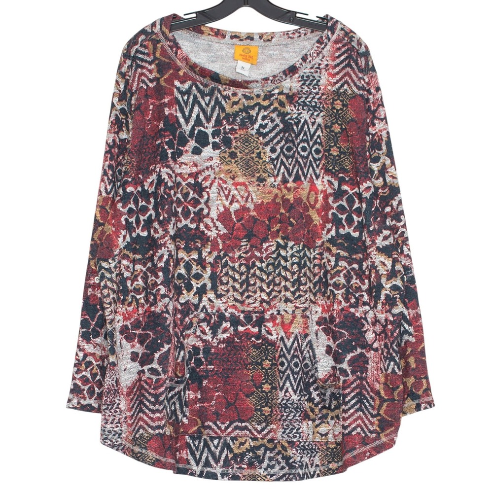 Sweater Patchwork Boho Roll Tab Sleeve Festival Abstract Eclectic Casual Size 3X